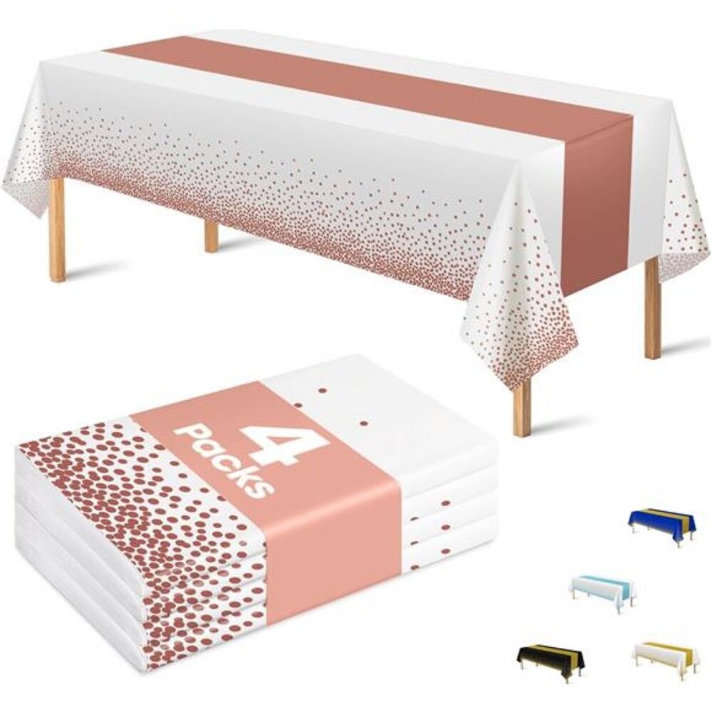 OHOME 4 Pack Disposable Plastic Table Cloths,White and Rose Gold Rectangle Table